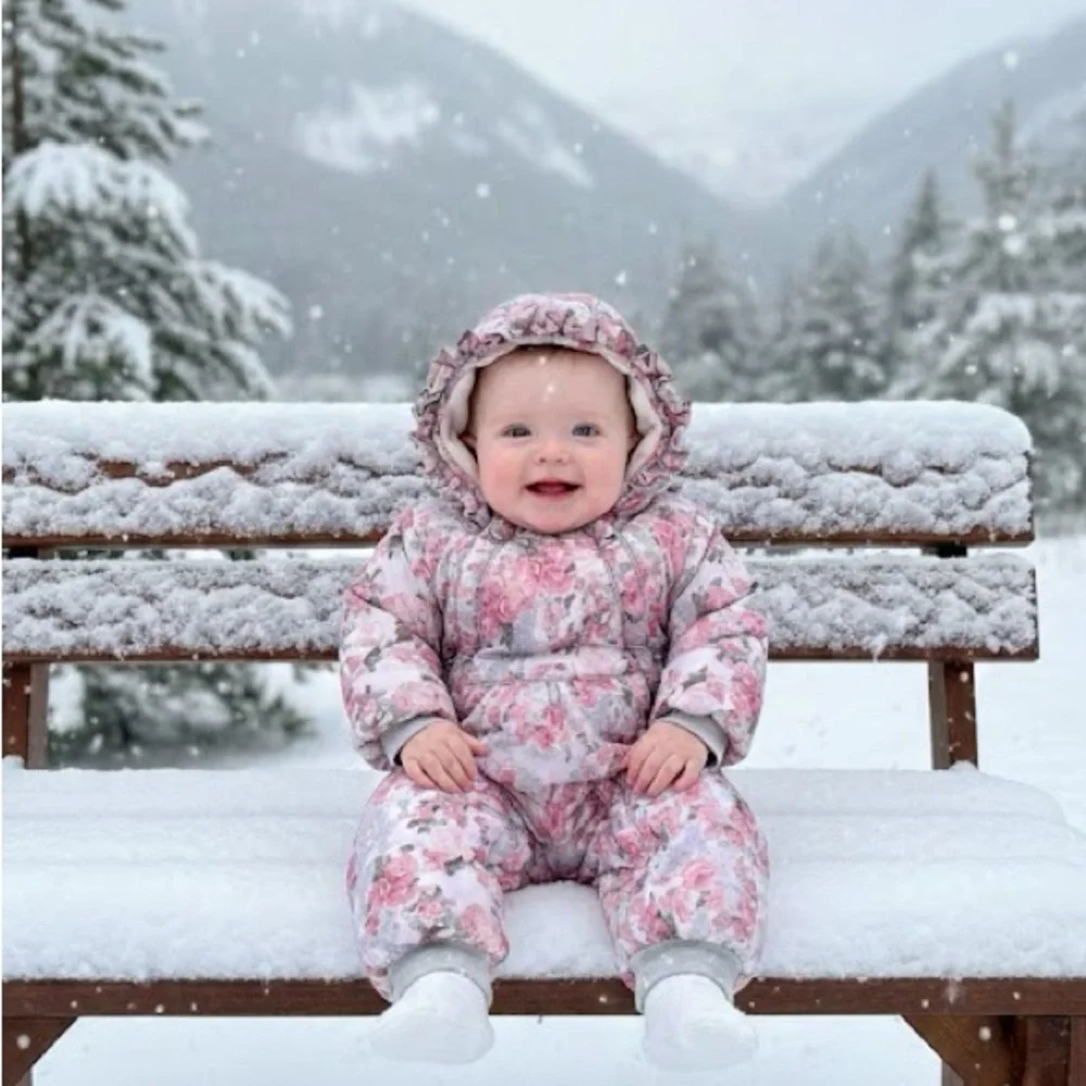 Aletta Kids Italian Floral Puffer Snowsuit Ruffle Hood Peplum Pink 18 Months